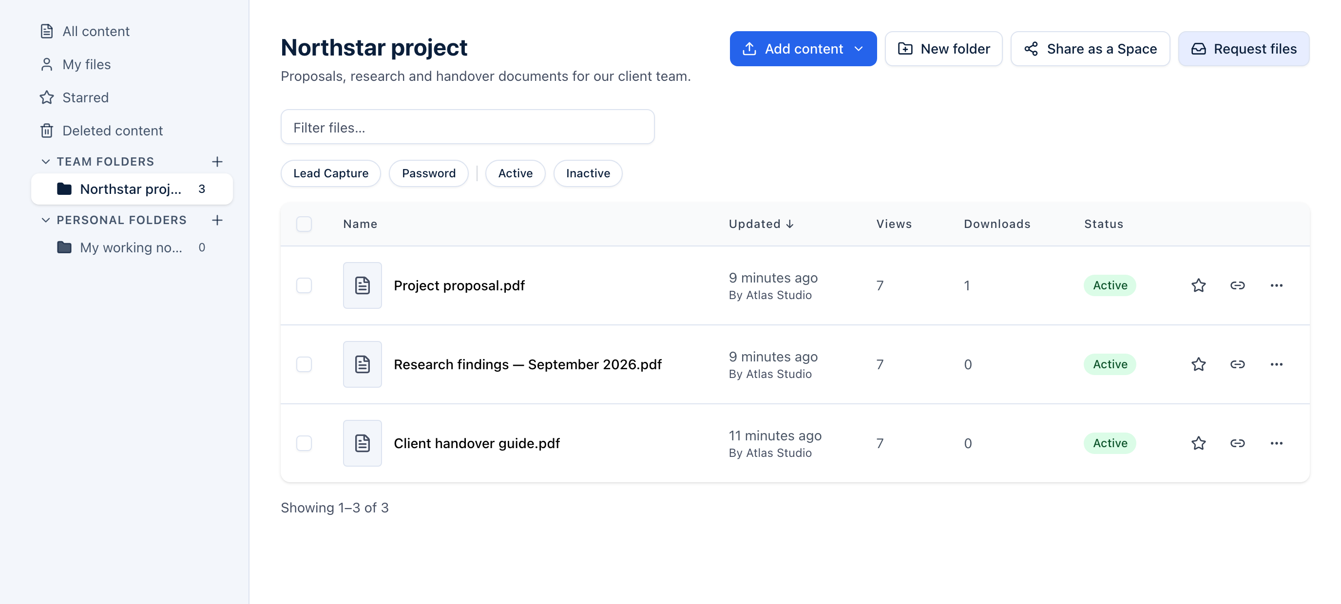 GateDocs Document Library with Team folders, Personal folders and three files in the Northstar project folder.