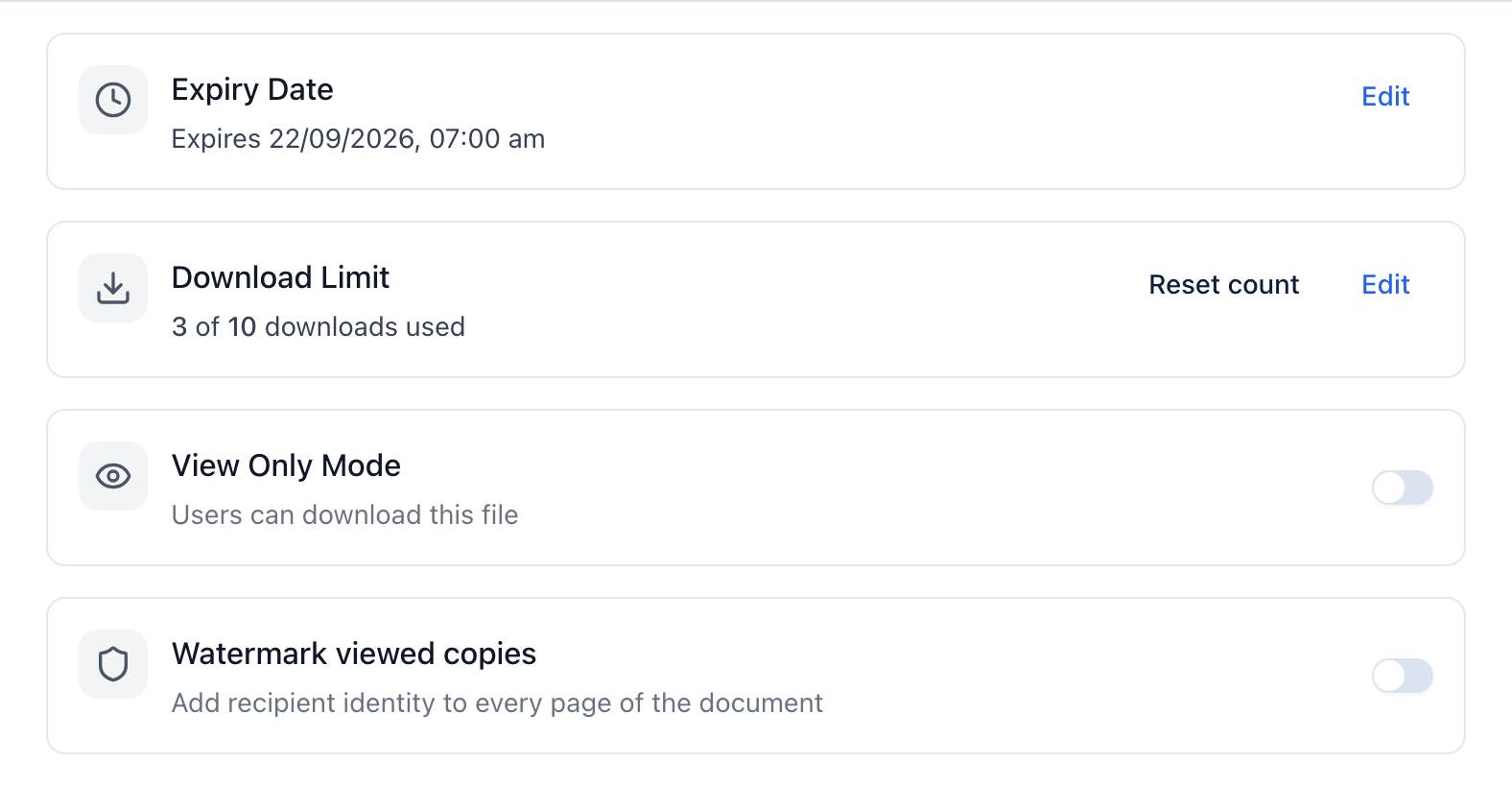 Real Link settings: expiry date, download count and limit, view-only mode, and Business watermarking.