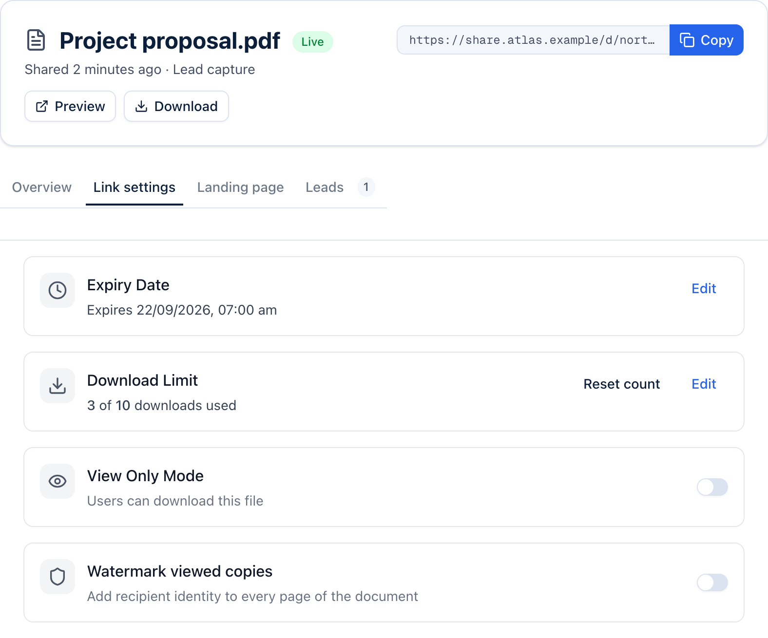 Project proposal.pdf with its Copy link control, expiry date, download count and limit, view-only mode and Business watermarking settings.