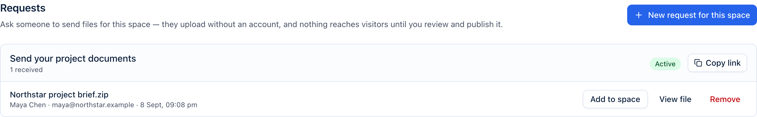 A received Northstar project brief in the Space requests tab, with an Add to space action for review before publishing.